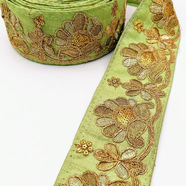 Green Art Silk Trim In Gold Floral Embroidery, Gold Embroidered Flowers Border, Floral Trim